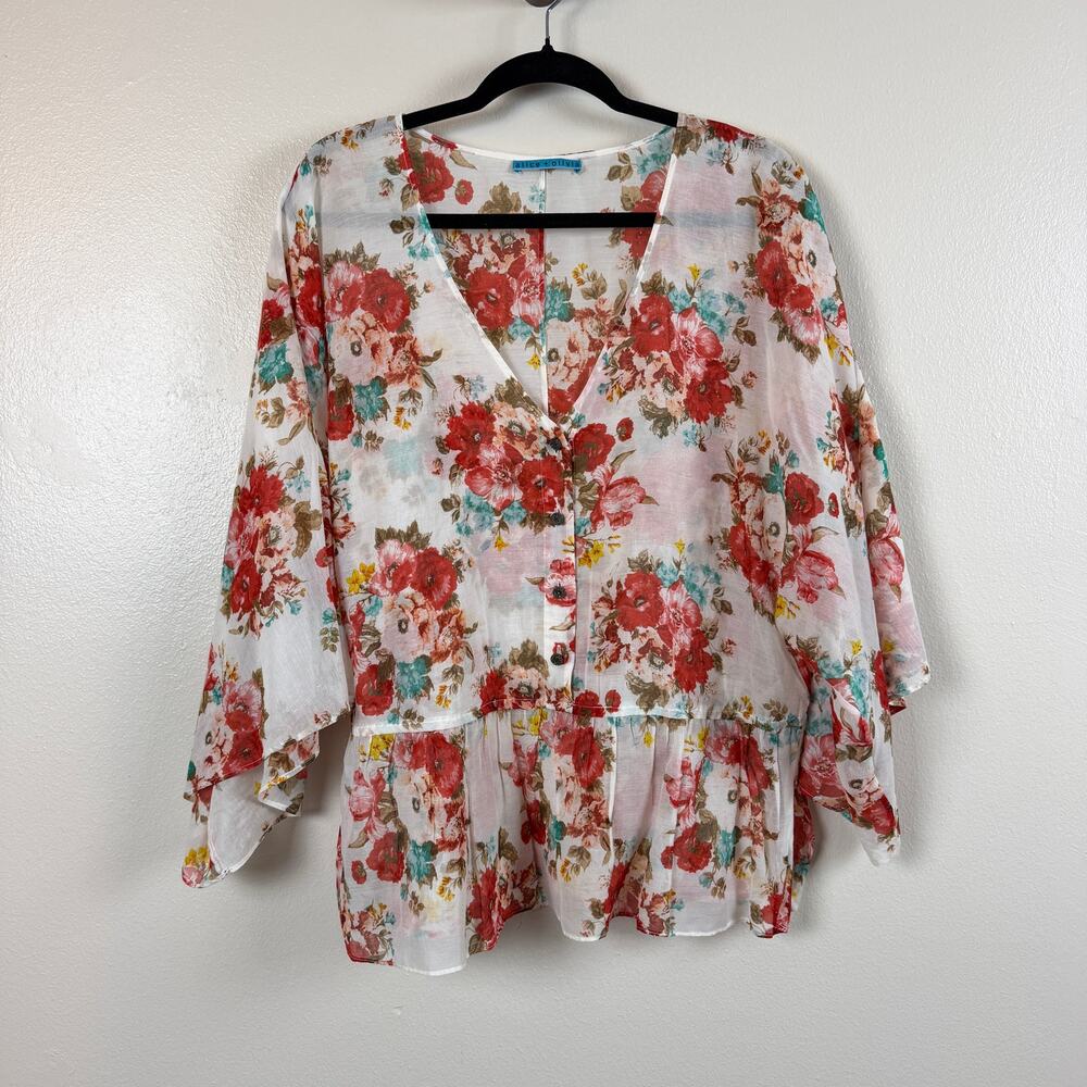 Alice + Olivia Silk Cotton Floral Peplum Blouse Womens L? Sheer Bell Sleeve